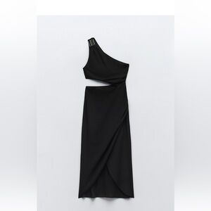 Zara Gold Applique Asymmetric Black Midi Dress